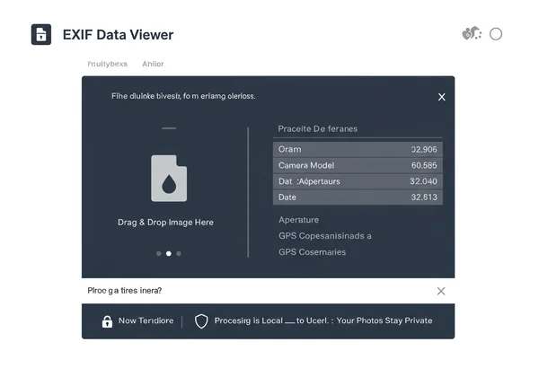 Secure EXIF viewer processing data locally on a screen.