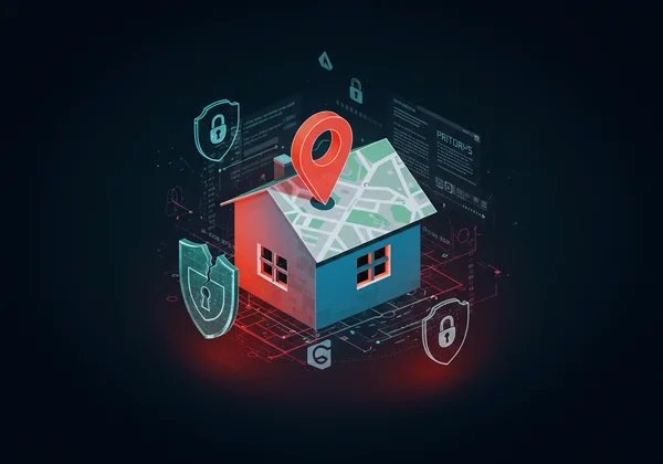 Map pin over a house, symbolizing privacy risk from shared location data.