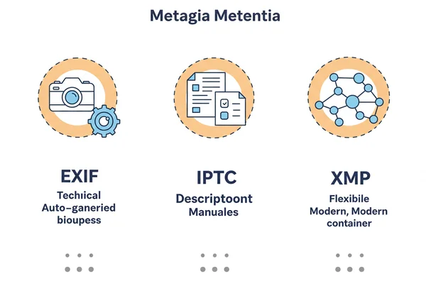 Infographic comparing EXIF, IPTC, and XMP metadata standards