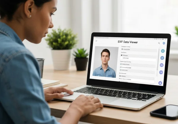 Person viewing image metadata on a computer for privacy.