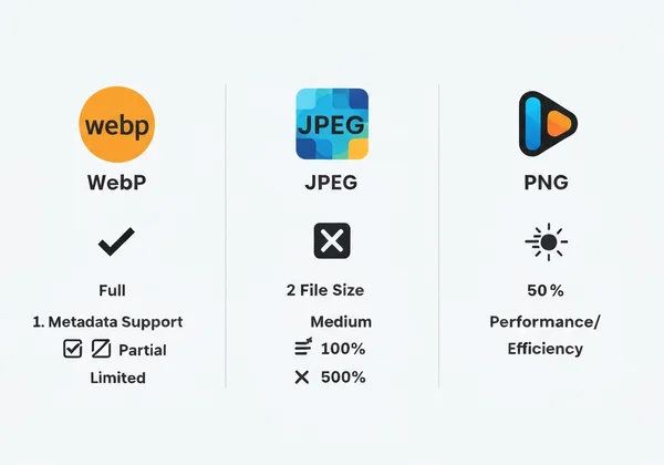 Comparison of WebP, JPEG, PNG metadata support and file size.